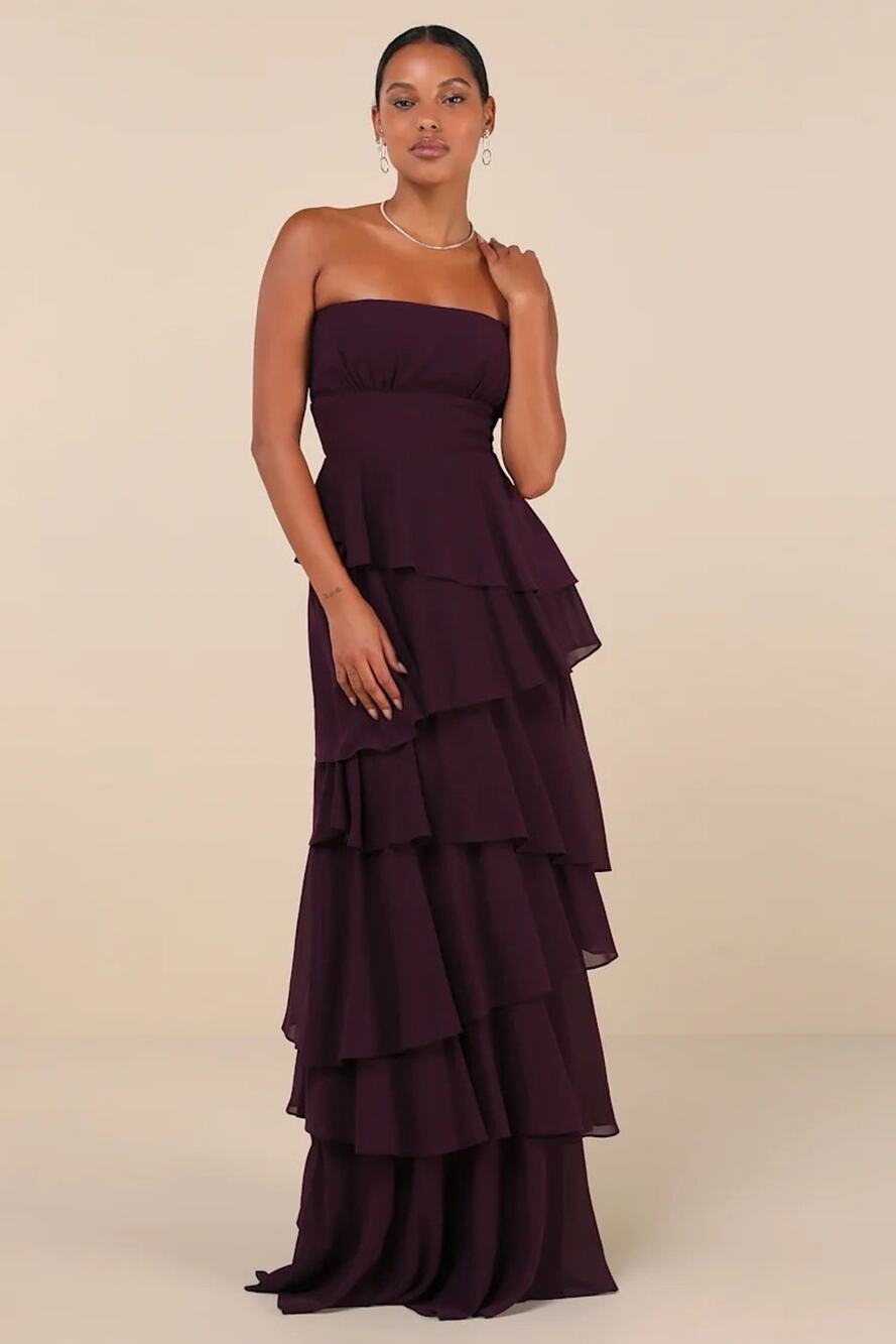 Lulus Gorgeous Essence Dark Purple Strapless Tiered Maxi Dress Wedding Formal M